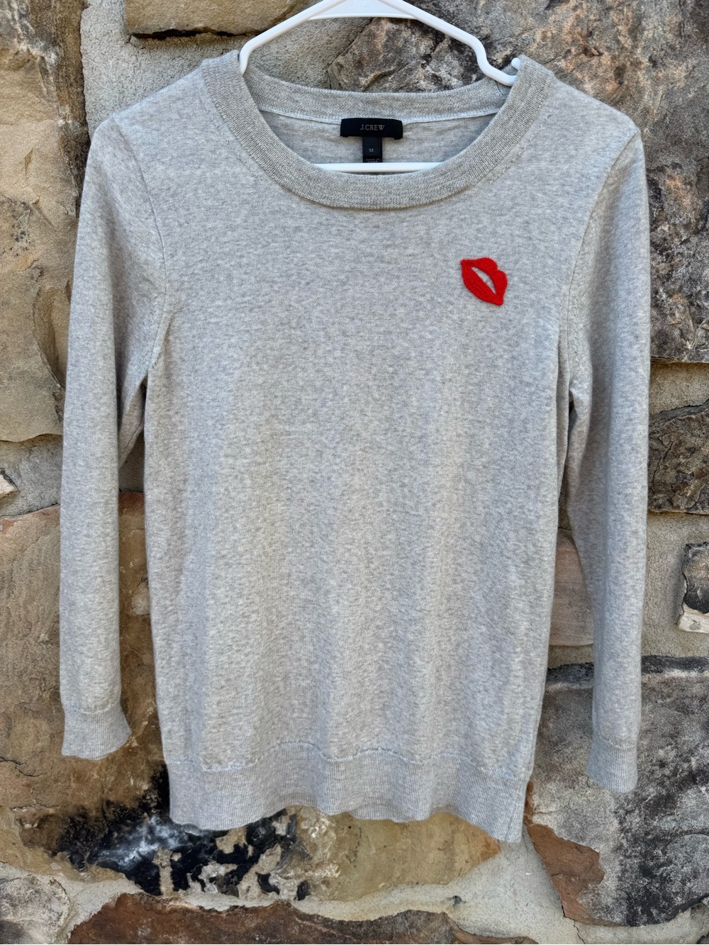 J. Crew Tippi Gray 100% Merino Wool Crewneck Sweater with Red Kiss Lips Patch M